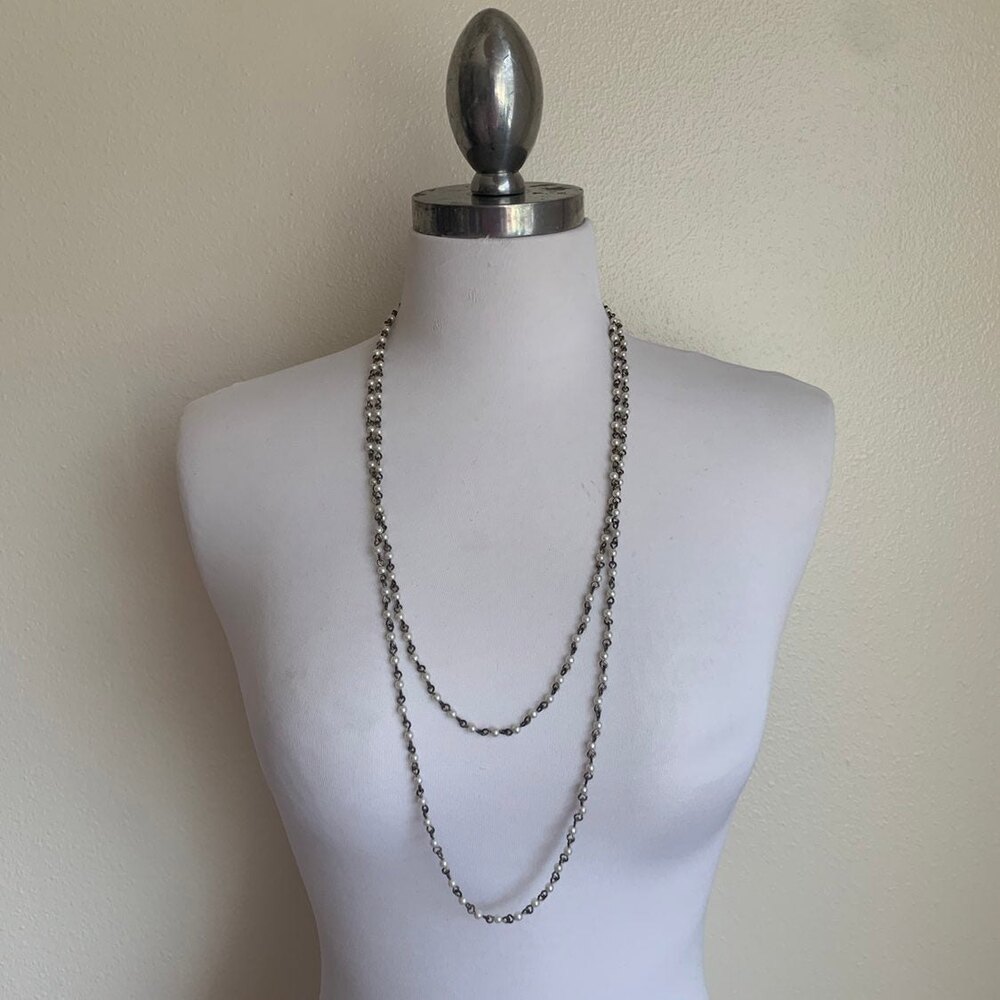 Long Silver White Beaded Necklace